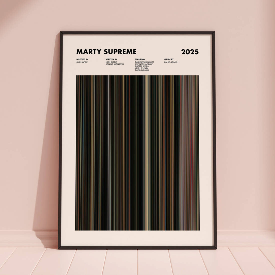 Marty Supreme Movie Barcode Poster framed and leaning against a coloured wall