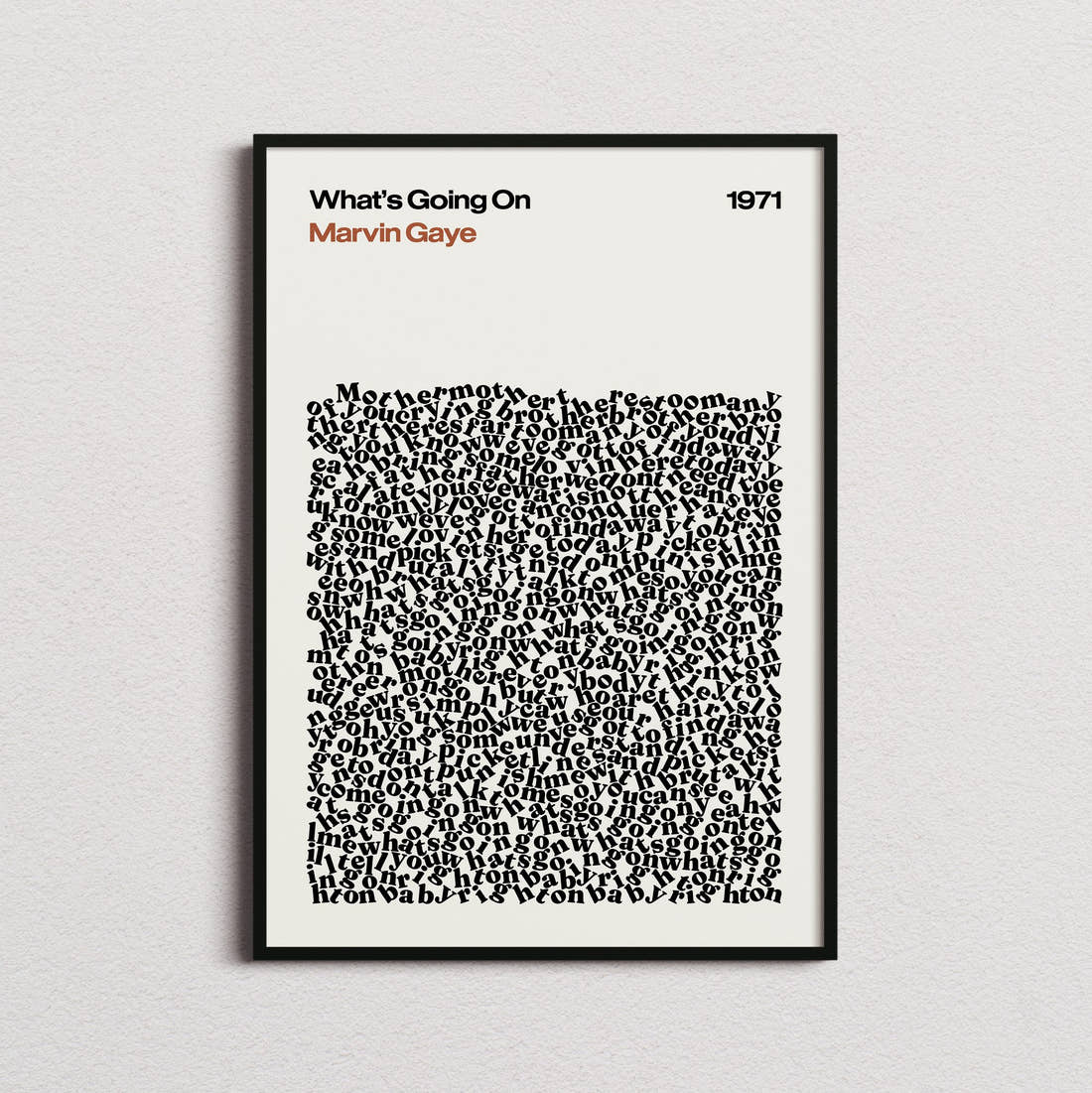 Marvin Gaye What's Going On Lyric Print in the cream colourway, framed