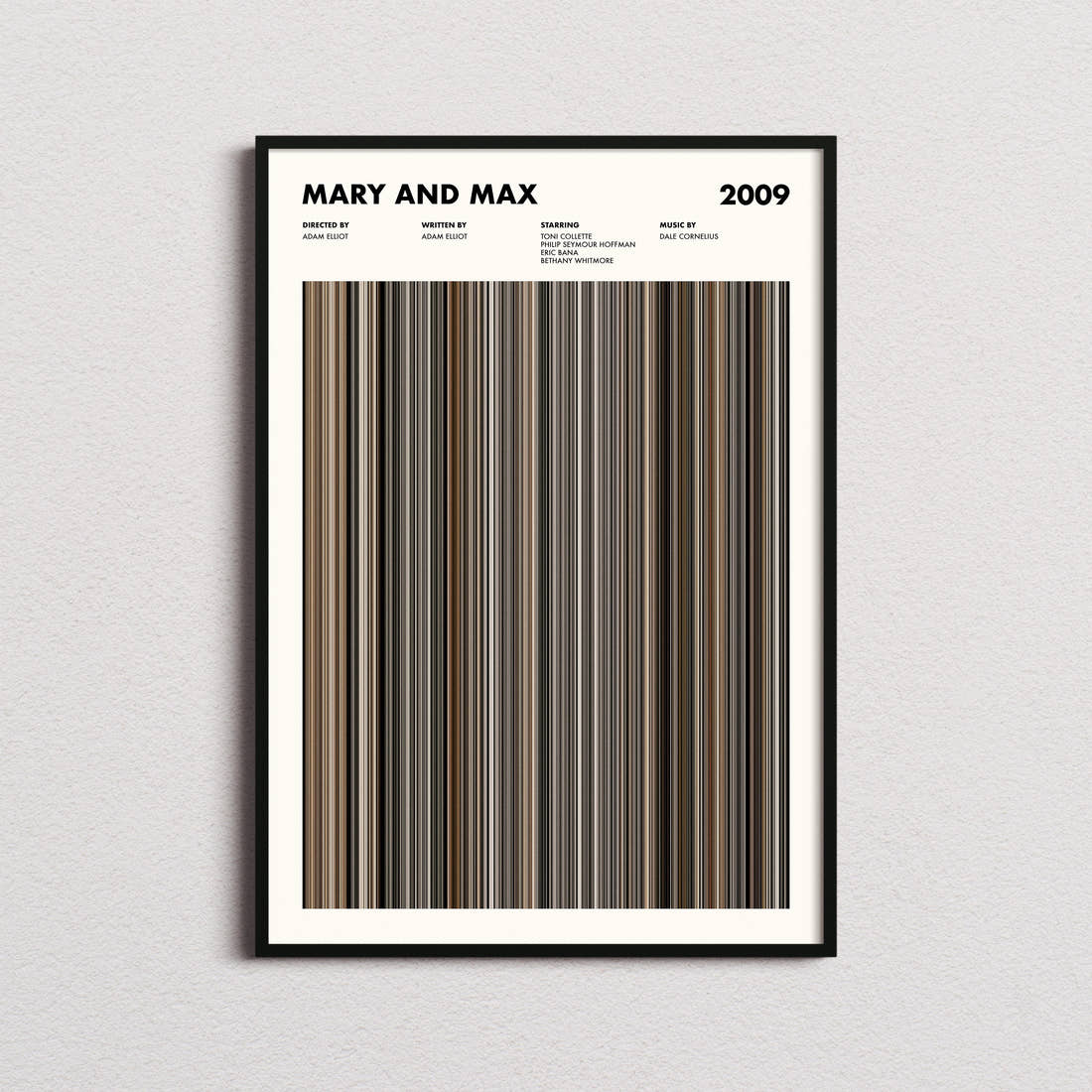Mary and Max Movie Barcode Poster framed on a plain studio wall
