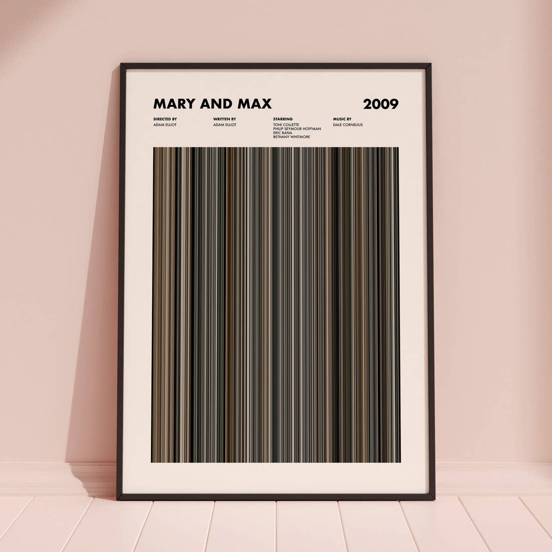 Mary and Max Movie Barcode Poster framed and leaning against a coloured wall