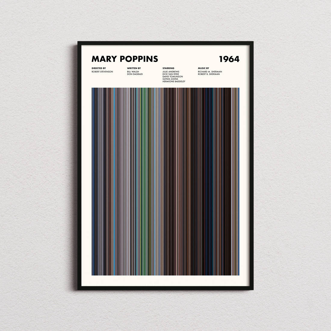Mary Poppins Movie Barcode Poster framed on a plain studio wall