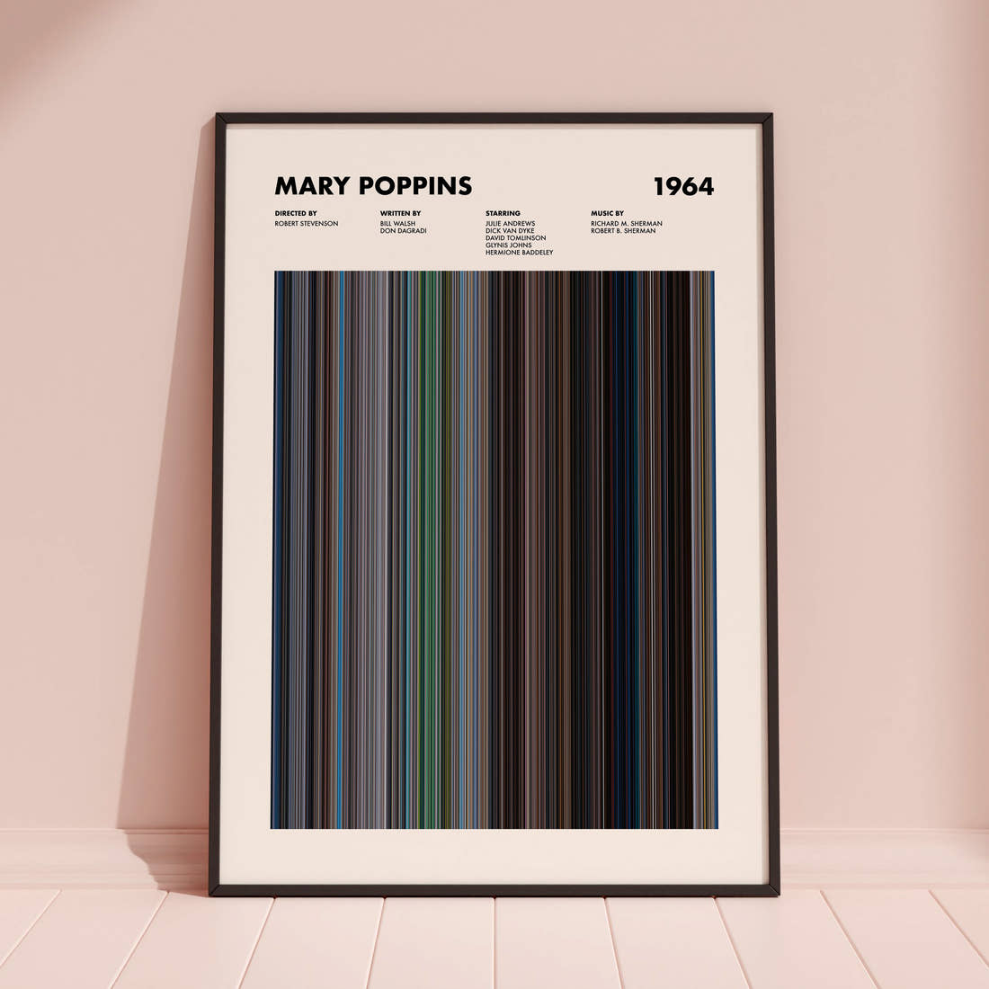 Mary Poppins Movie Barcode Poster framed and leaning against a coloured wall