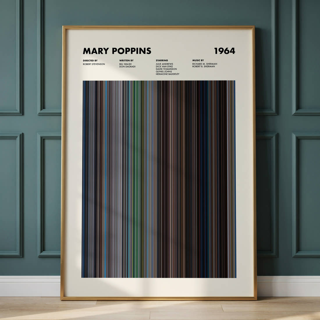 Mary Poppins Movie Barcode Poster framed and leaning against a panelled wall