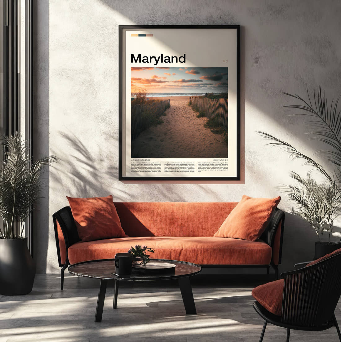 Maryland Path Through The Dunes Travel Print framed on the wall of a modern living room