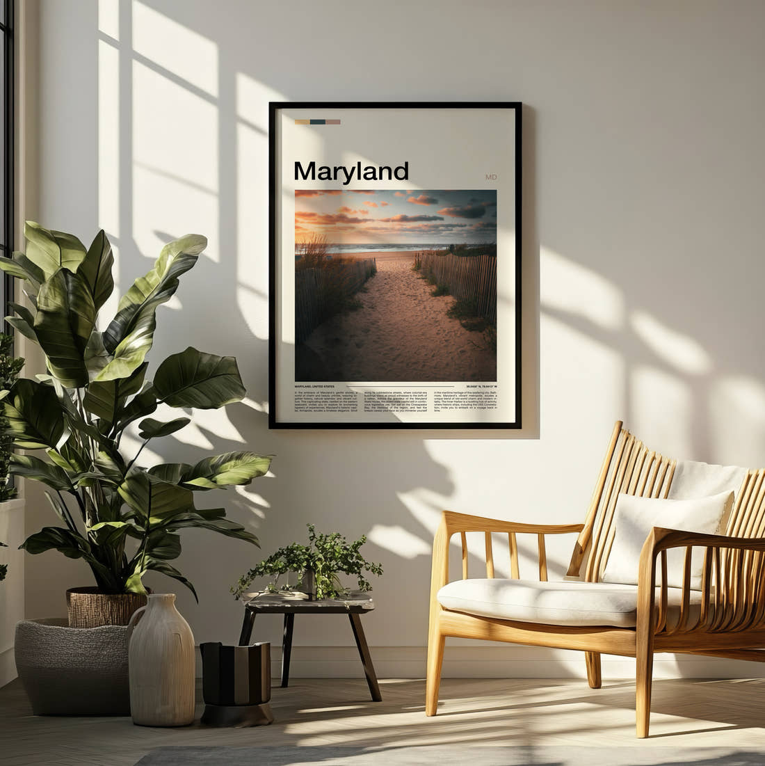 Maryland Path Through The Dunes Travel Print framed on a pale wall beside houseplants