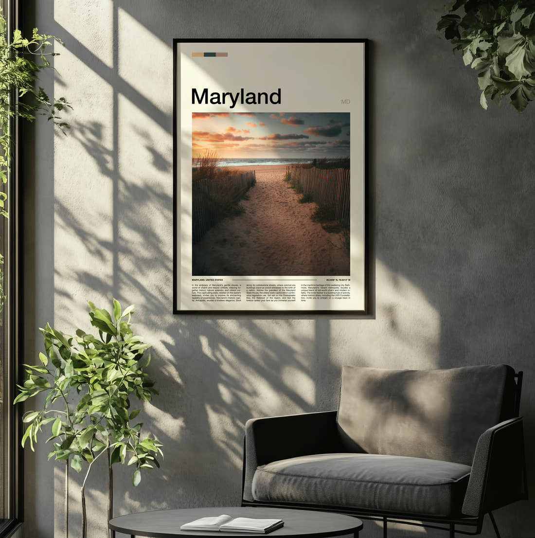 Maryland Path Through The Dunes Travel Print framed on the wall of a relaxed living room