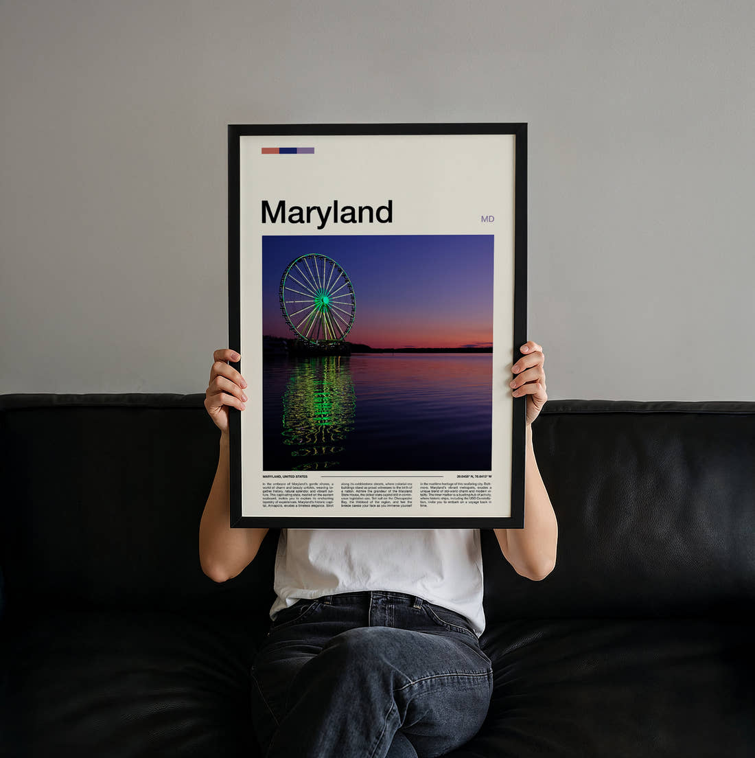 Maryland Ferris Wheel At Dusk Travel Print held up by hand to show the size of the print