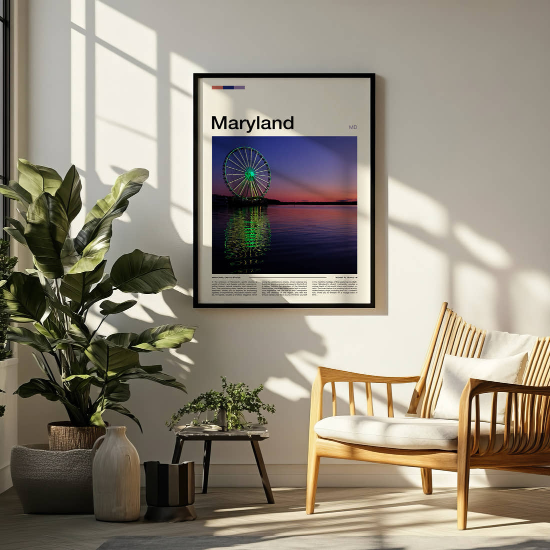 Maryland Ferris Wheel At Dusk Travel Print framed on a pale wall beside houseplants