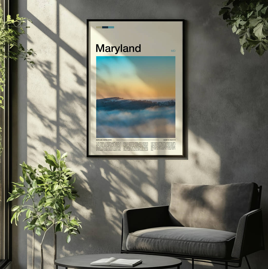 Maryland Sea Of Clouds Travel Print framed on the wall of a relaxed living room