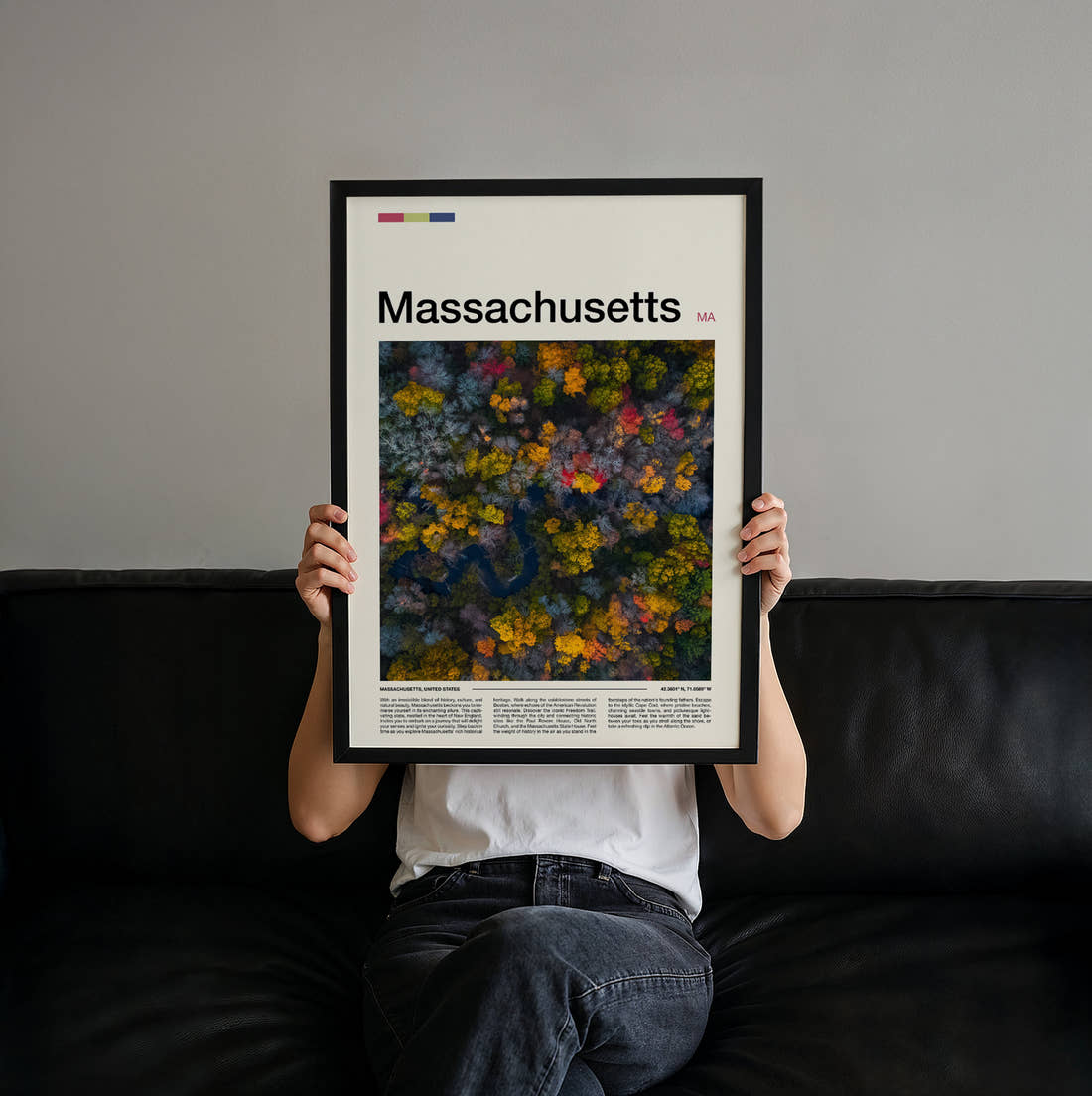 Massachusetts Autumn Woods From Above Travel Print held up by hand to show the size of the print