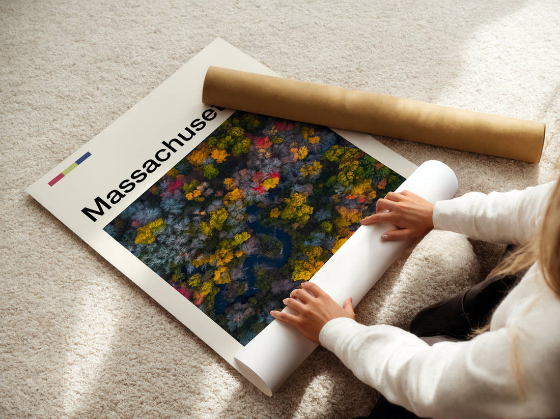 Massachusetts Autumn Woods From Above Travel Print being unrolled from its postal tube