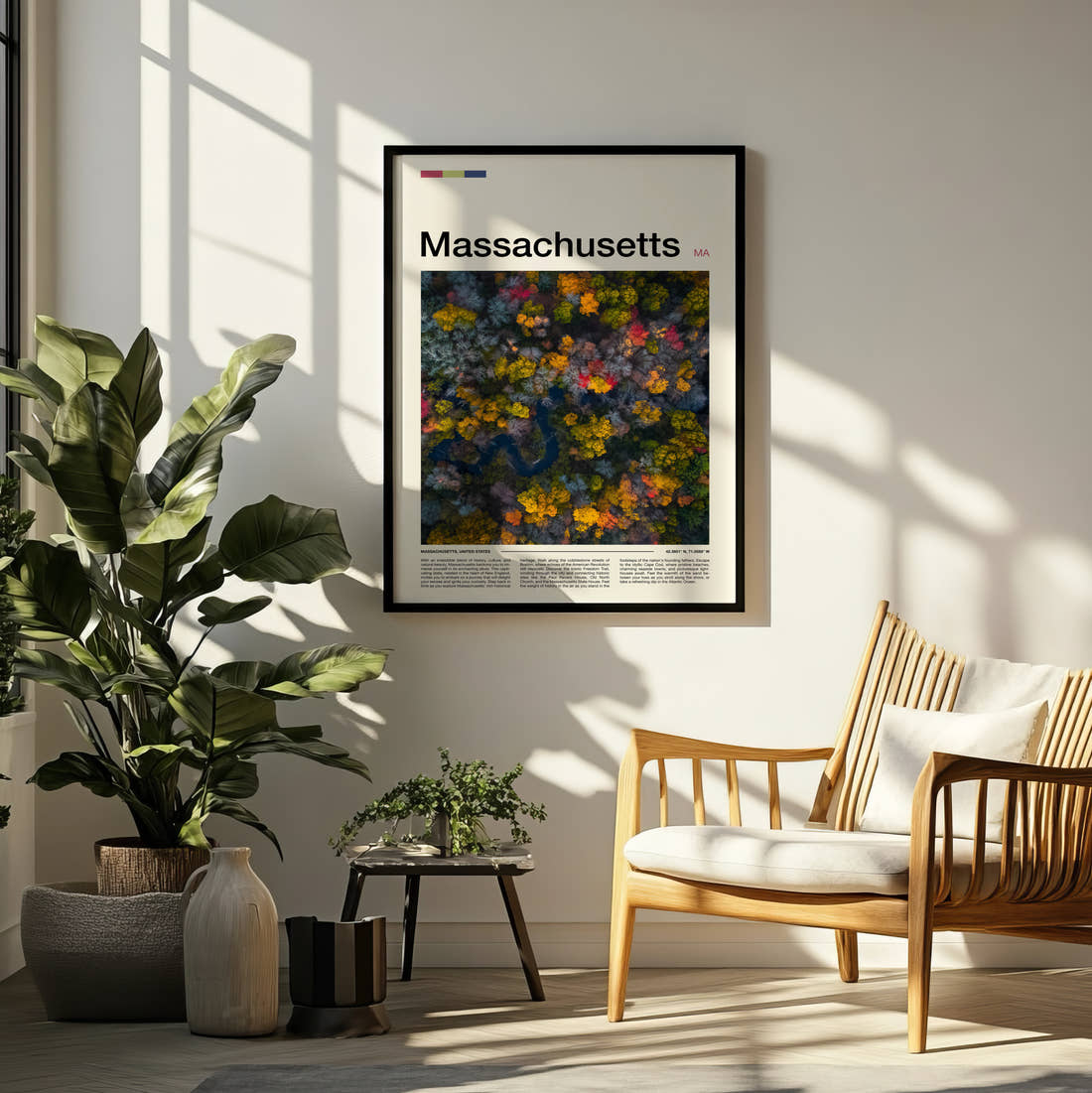 Massachusetts Autumn Woods From Above Travel Print framed on a pale wall beside houseplants