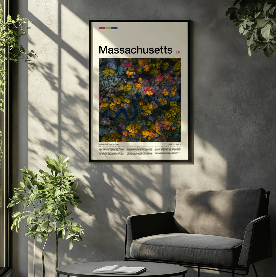 Massachusetts Autumn Woods From Above Travel Print framed on the wall of a relaxed living room