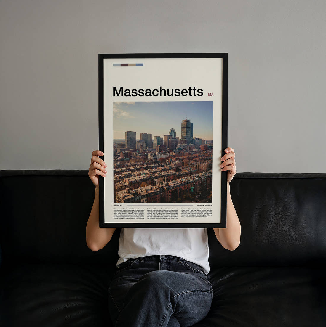 Massachusetts Back Bay Skyline Travel Print held up by hand to show the size of the print