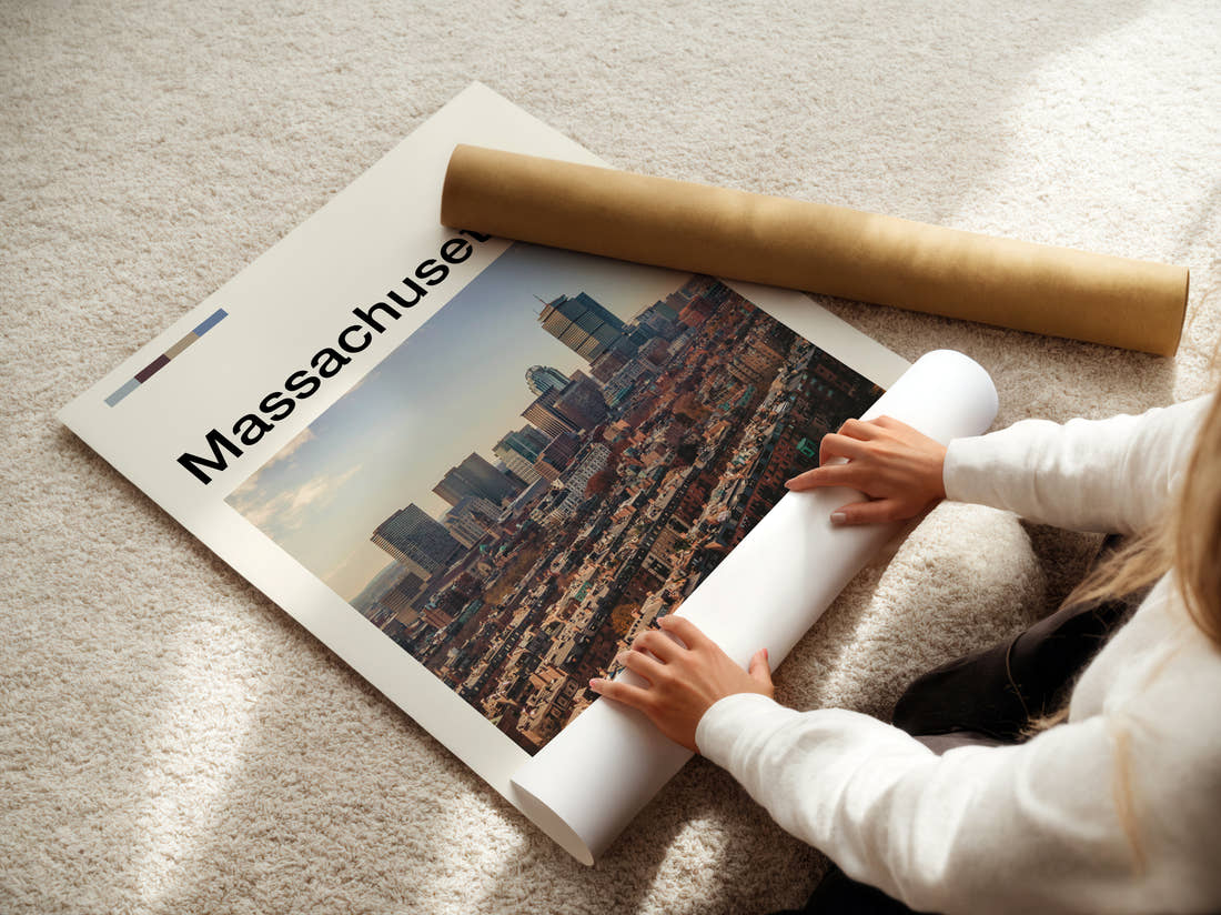 Massachusetts Back Bay Skyline Travel Print being unrolled from its postal tube