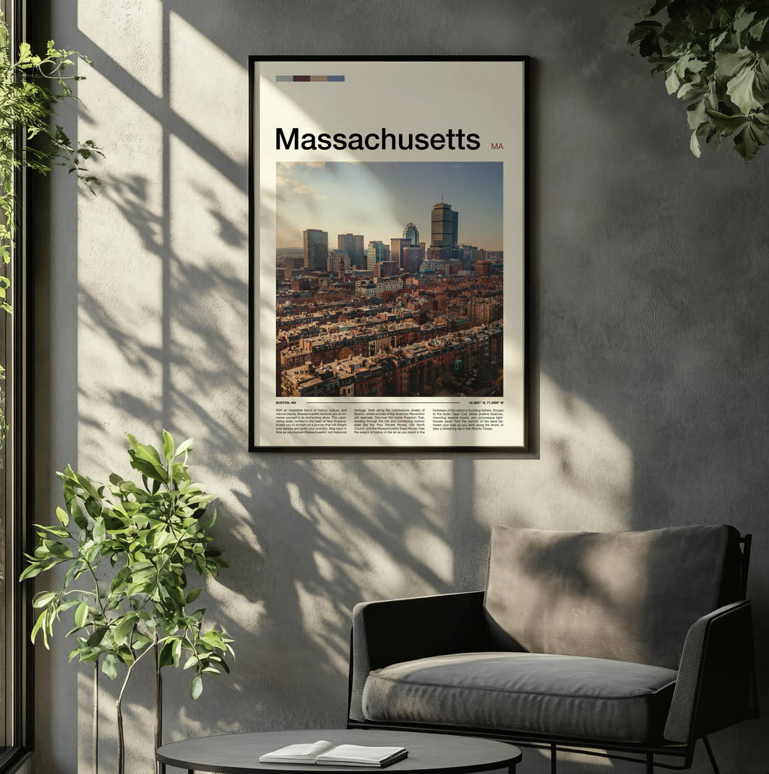 Massachusetts Back Bay Skyline Travel Print framed on the wall of a relaxed living room