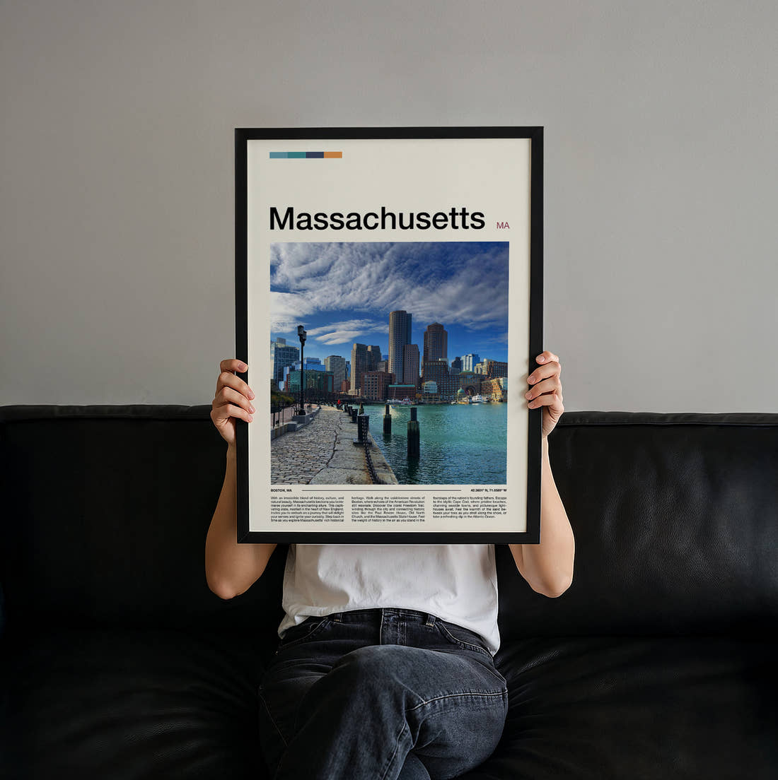 Massachusetts Harbour And Skyline Travel Print held up by hand to show the size of the print