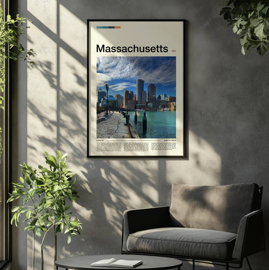 Massachusetts Harbour And Skyline Travel Print framed on the wall of a relaxed living room