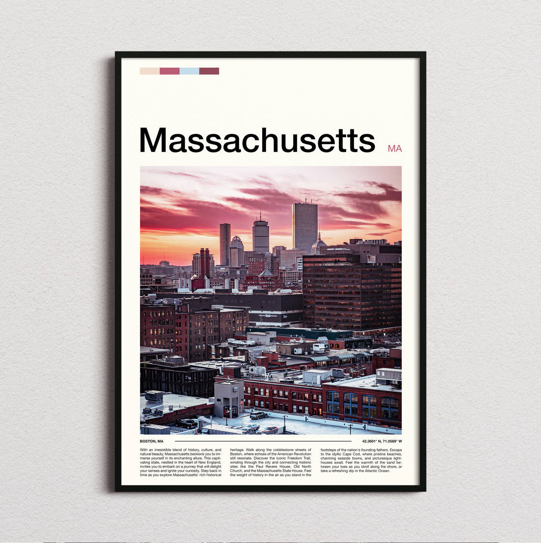 Massachusetts Skyline At Sunset Travel Print framed and photographed straight on