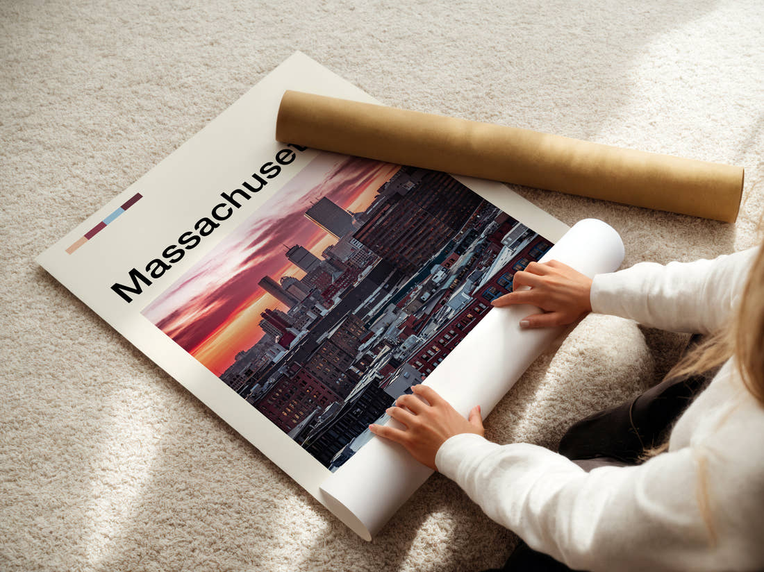 Massachusetts Skyline At Sunset Travel Print being unrolled from its postal tube