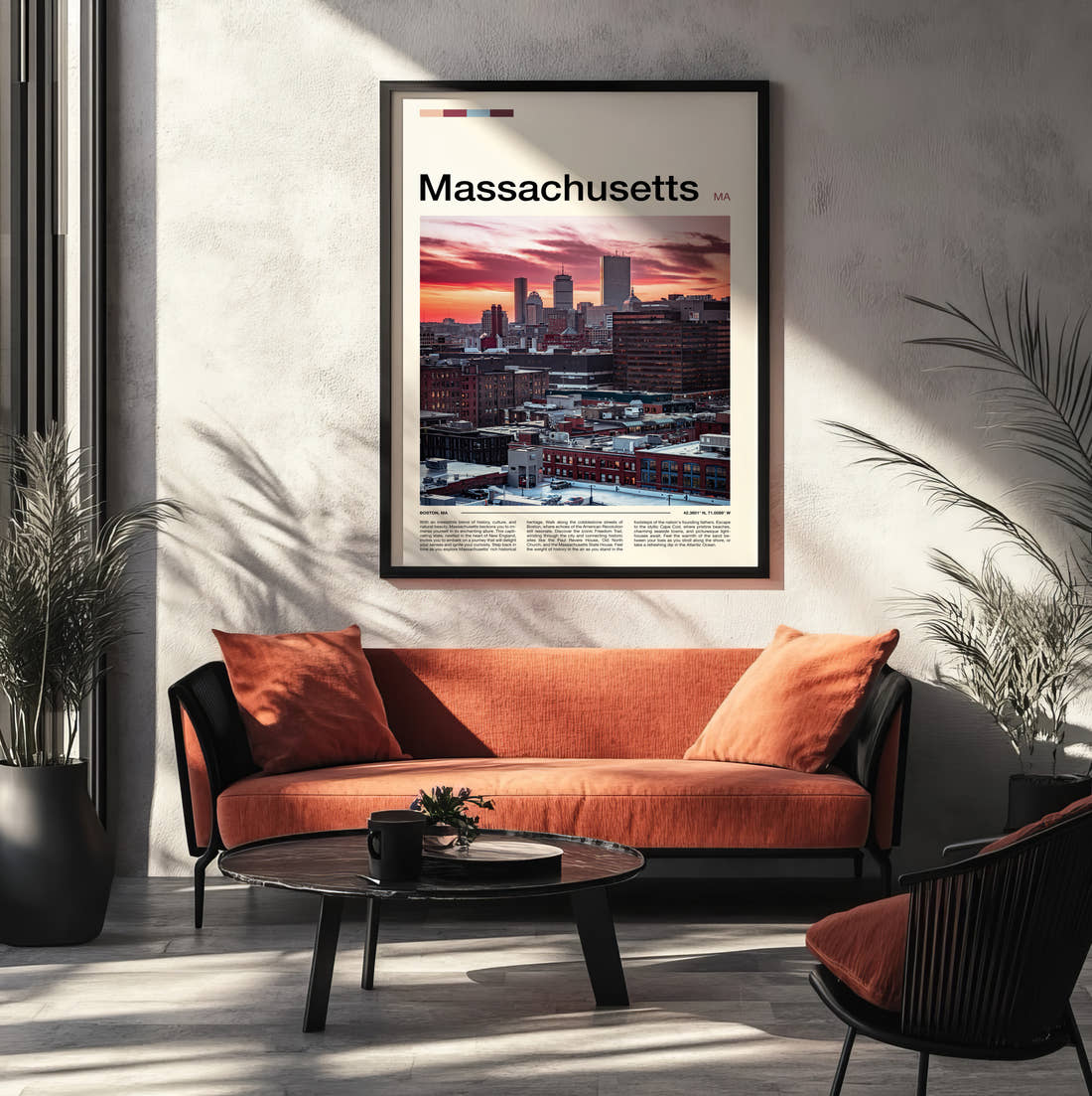 Massachusetts Skyline At Sunset Travel Print framed on the wall of a modern living room