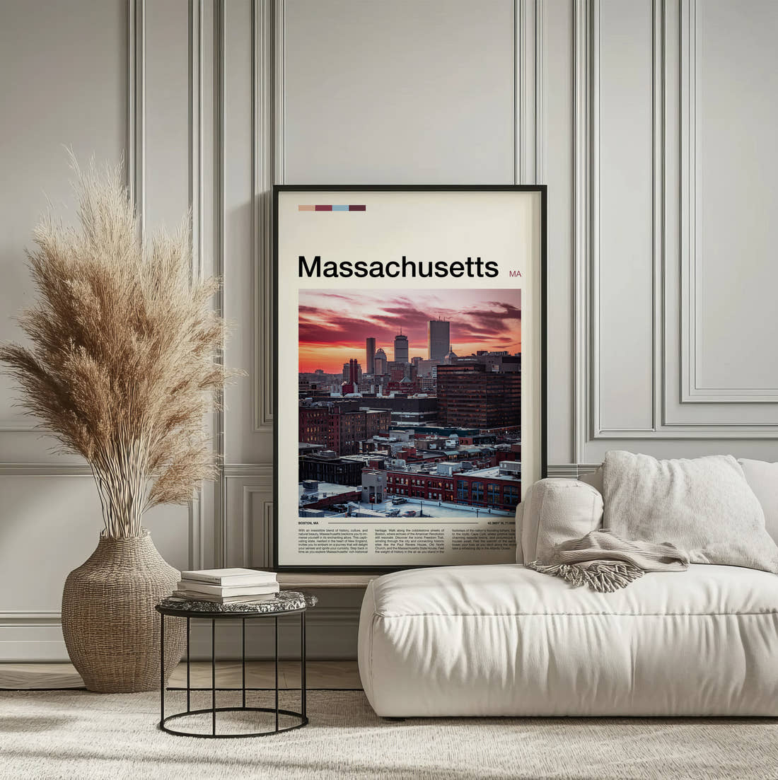 Massachusetts Skyline At Sunset Travel Print framed on the wall of a calm, neutral bedroom