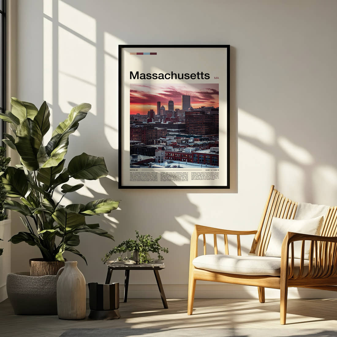 Massachusetts Skyline At Sunset Travel Print framed on a pale wall beside houseplants