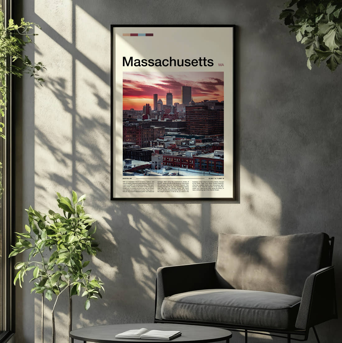 Massachusetts Skyline At Sunset Travel Print framed on the wall of a relaxed living room