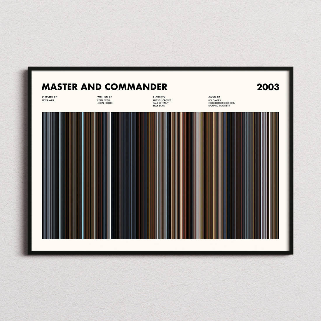 Master and Commander Movie Barcode Poster framed and photographed straight on