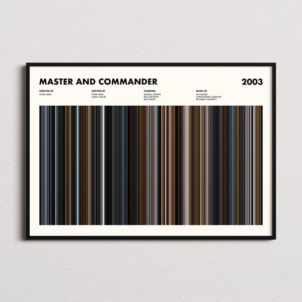 Master and Commander Movie Barcode Poster framed and photographed straight on