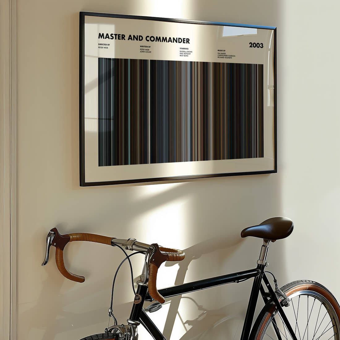 Master and Commander Movie Barcode Poster framed on the wall of a styled room setting