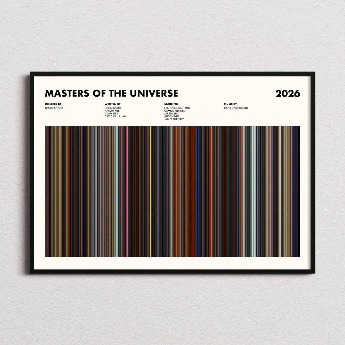 Masters of the Universe Movie Barcode Poster framed and photographed straight on