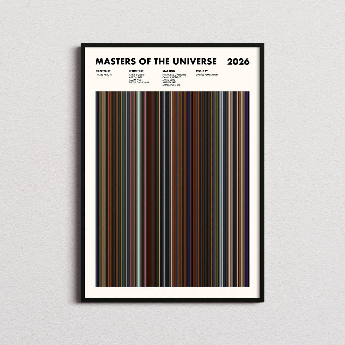 Masters of the Universe Movie Barcode Poster framed on a plain studio wall