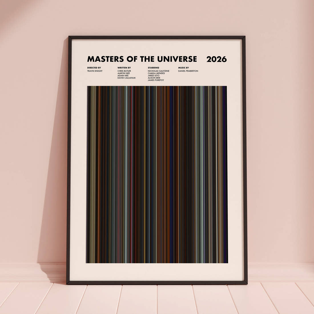 Masters of the Universe Movie Barcode Poster framed and leaning against a coloured wall