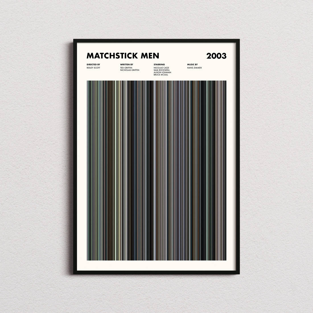 Matchstick Men Movie Barcode Poster framed on a plain studio wall