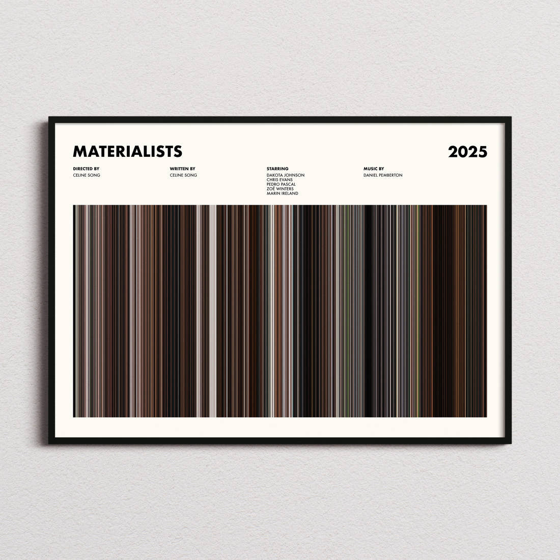 Materialists Movie Barcode Poster framed and photographed straight on