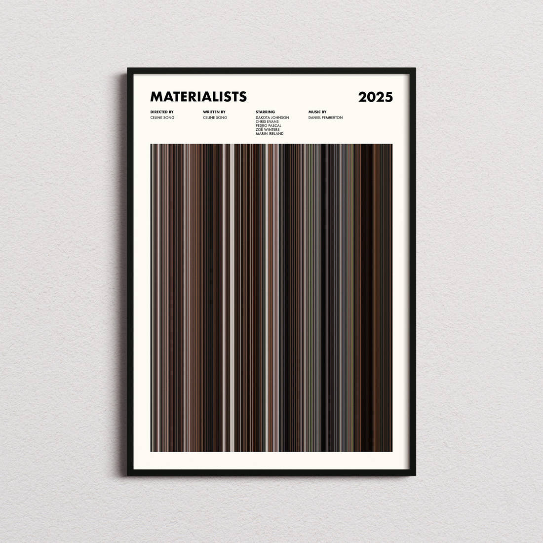 Materialists Movie Barcode Poster framed on a plain studio wall