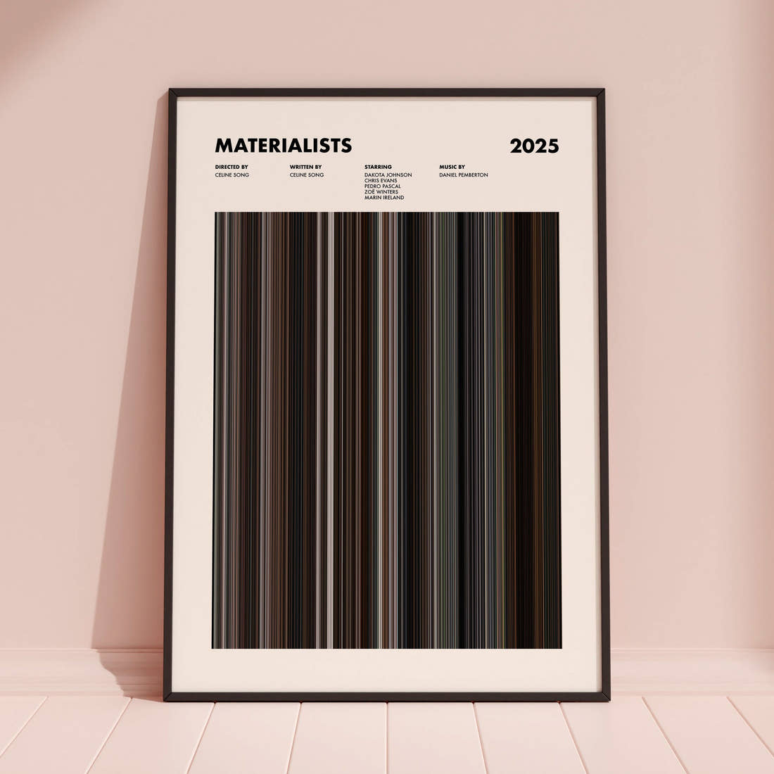 Materialists Movie Barcode Poster framed and leaning against a coloured wall