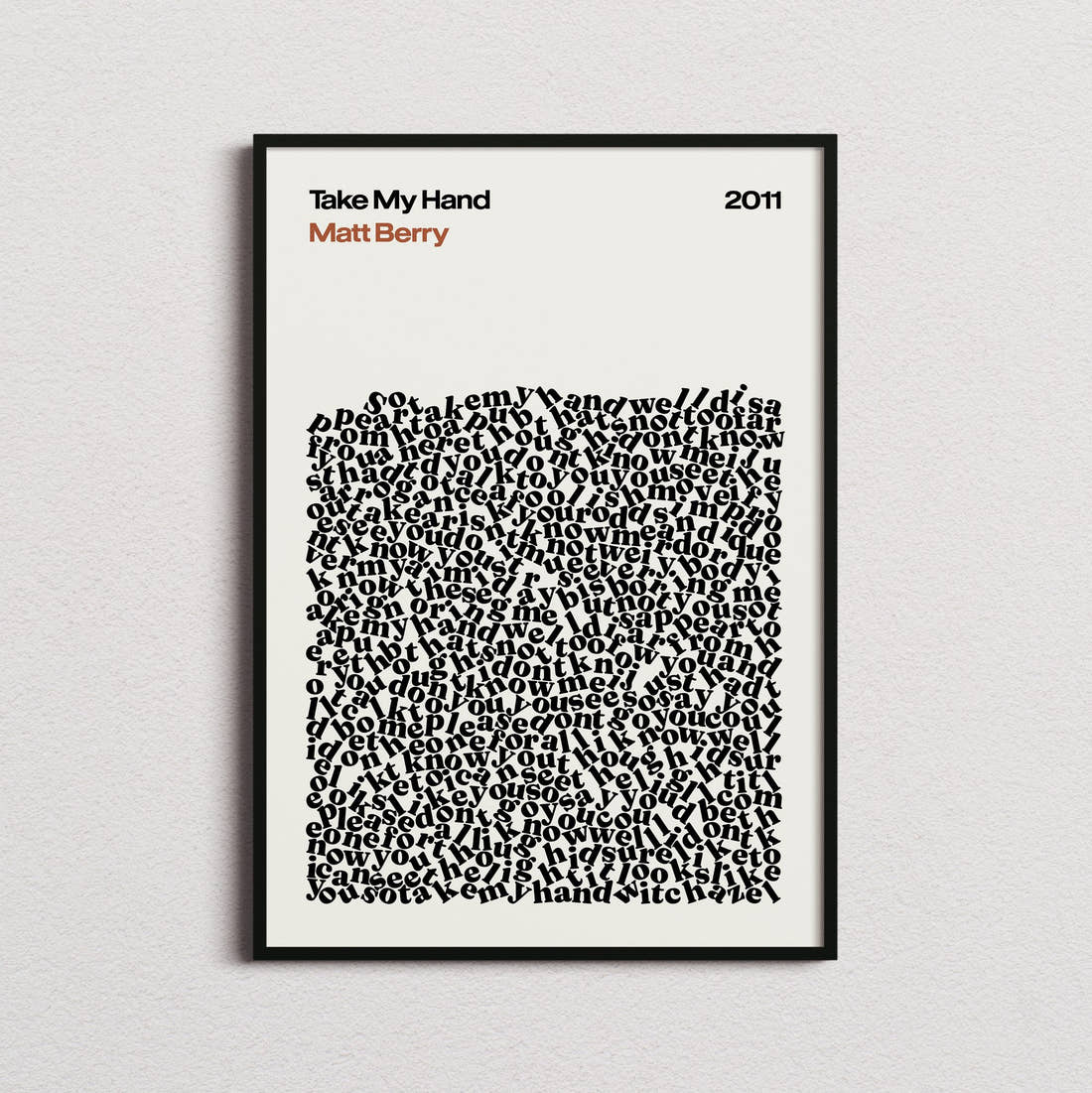 Matt Berry Take My Hand Lyric Print in the cream colourway, framed