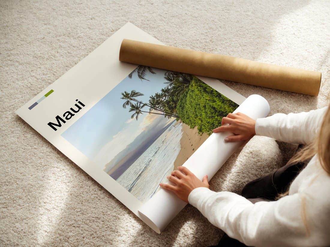 Maui Palms Along The Shore Travel Print being unrolled from its postal tube