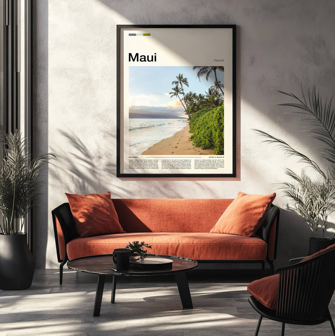 Maui Palms Along The Shore Travel Print framed on the wall of a modern living room