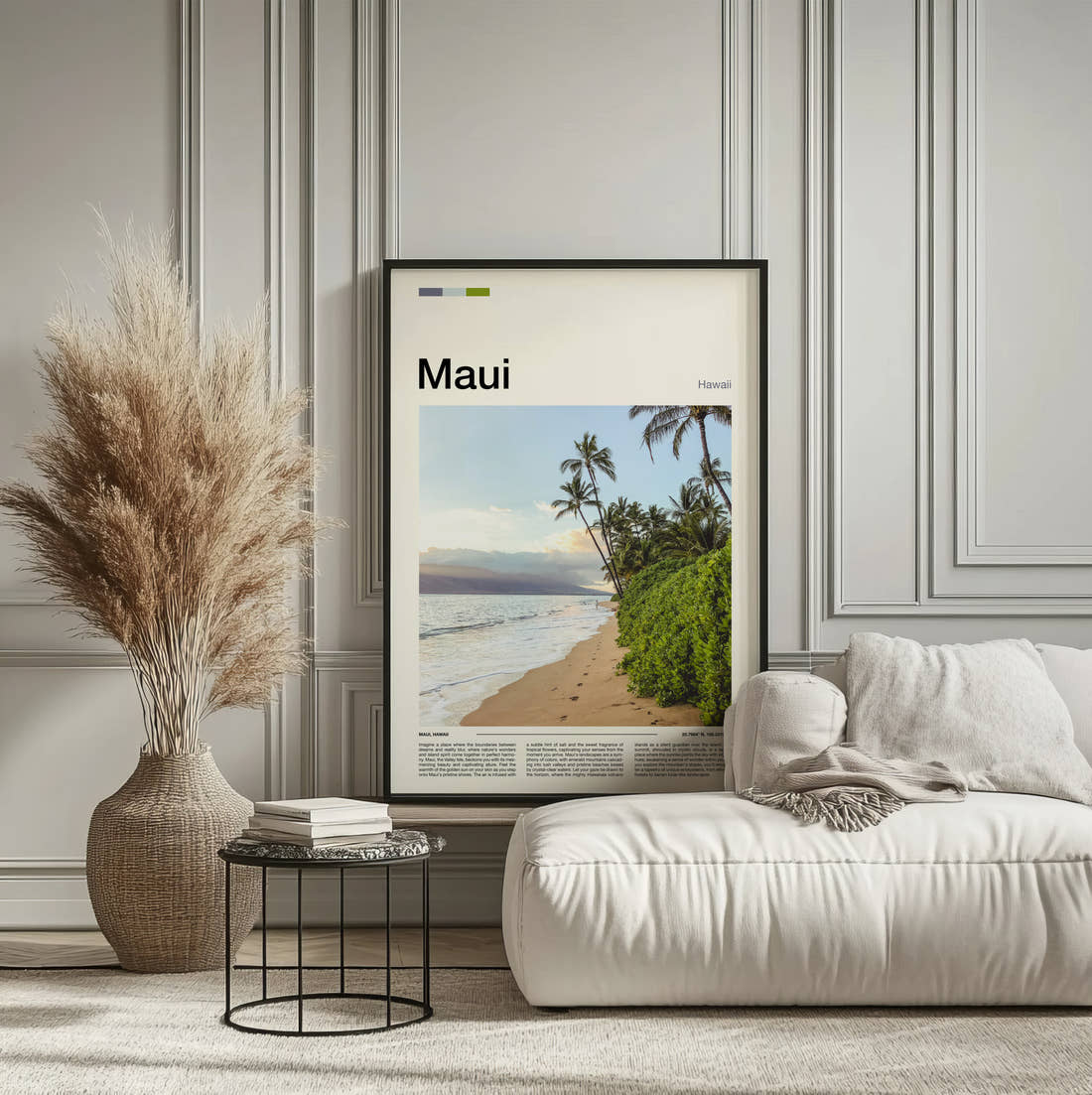 Maui Palms Along The Shore Travel Print framed on the wall of a calm, neutral bedroom