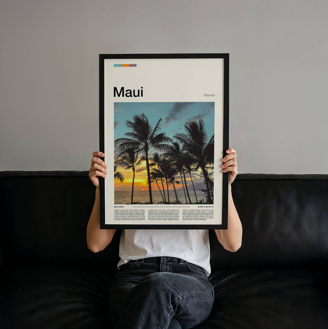 Maui Palm Trees At Sunset Travel Print held up by hand to show the size of the print
