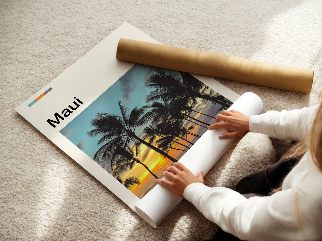 Maui Palm Trees At Sunset Travel Print being unrolled from its postal tube