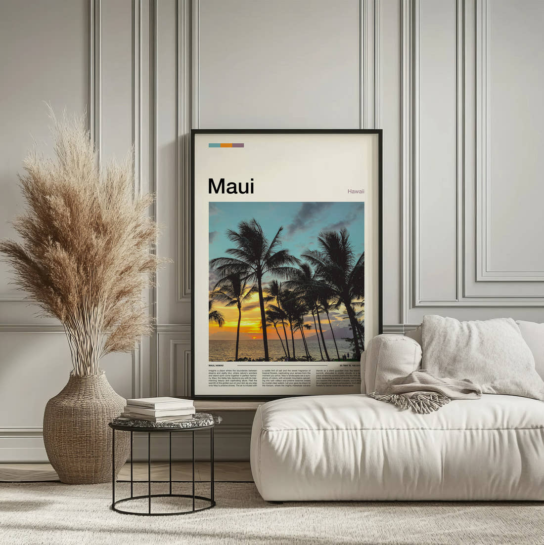 Maui Palm Trees At Sunset Travel Print framed on the wall of a calm, neutral bedroom