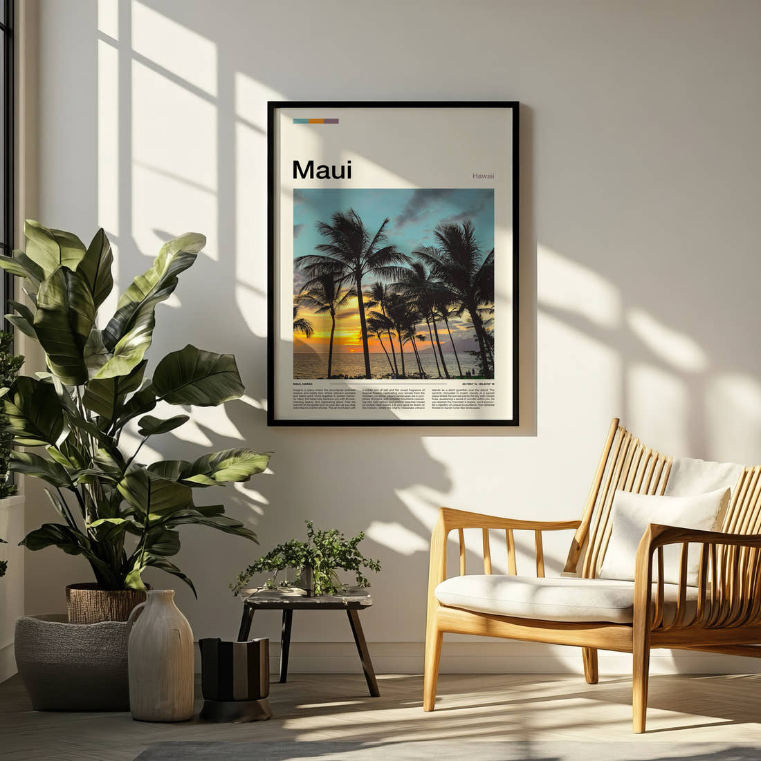Maui Palm Trees At Sunset Travel Print framed on a pale wall beside houseplants