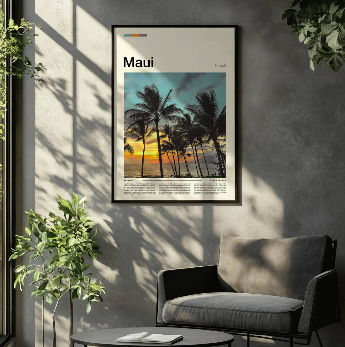 Maui Palm Trees At Sunset Travel Print framed on the wall of a relaxed living room
