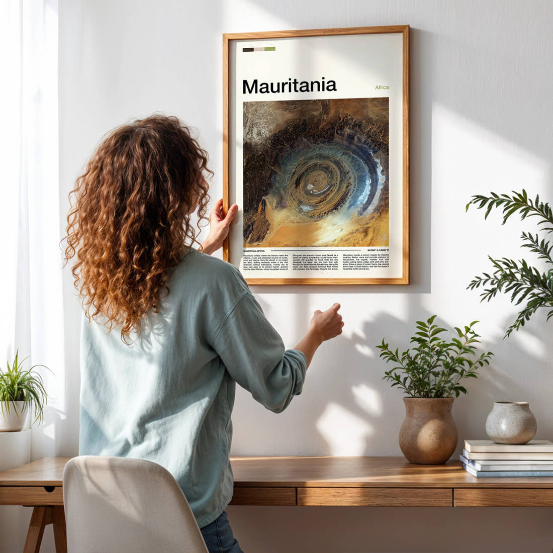 Mauritania Richat Structure Aerial Travel Print framed on a pale wall beside houseplants