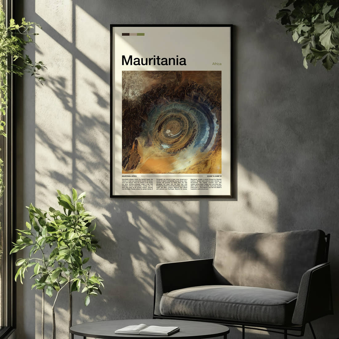 Mauritania Richat Structure Aerial Travel Print framed on the wall of a relaxed living room