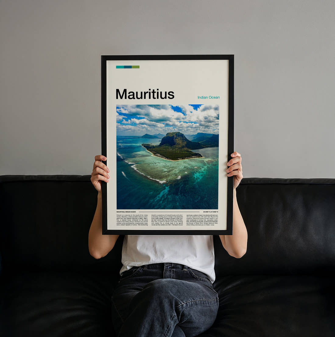 Mauritius Le Morne Brabant Travel Print held up by hand to show the size of the print